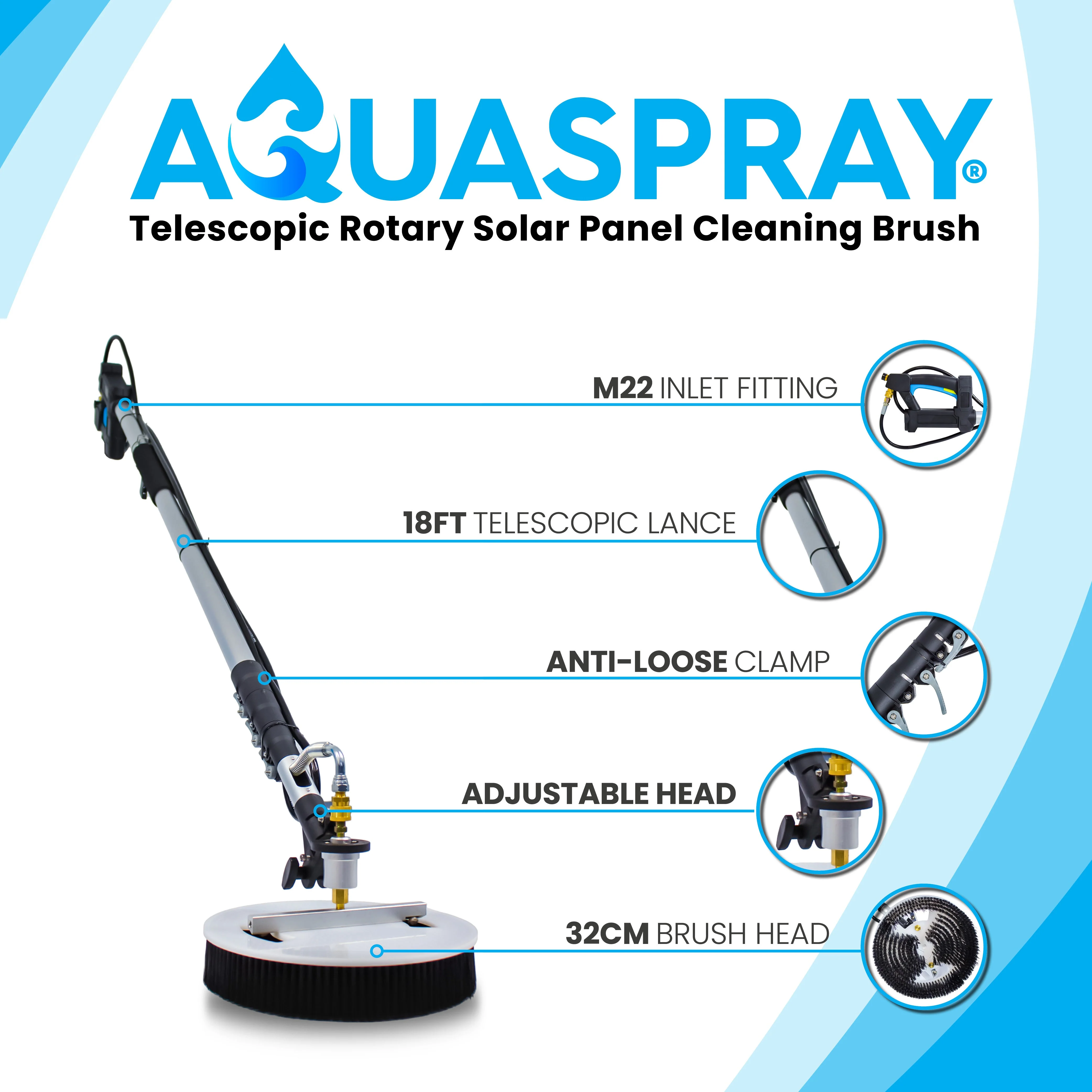 Aquaspray® Rotary Solar Panel/Roof Cleaning Brush With 18ft Telescopic Lance - Image 2