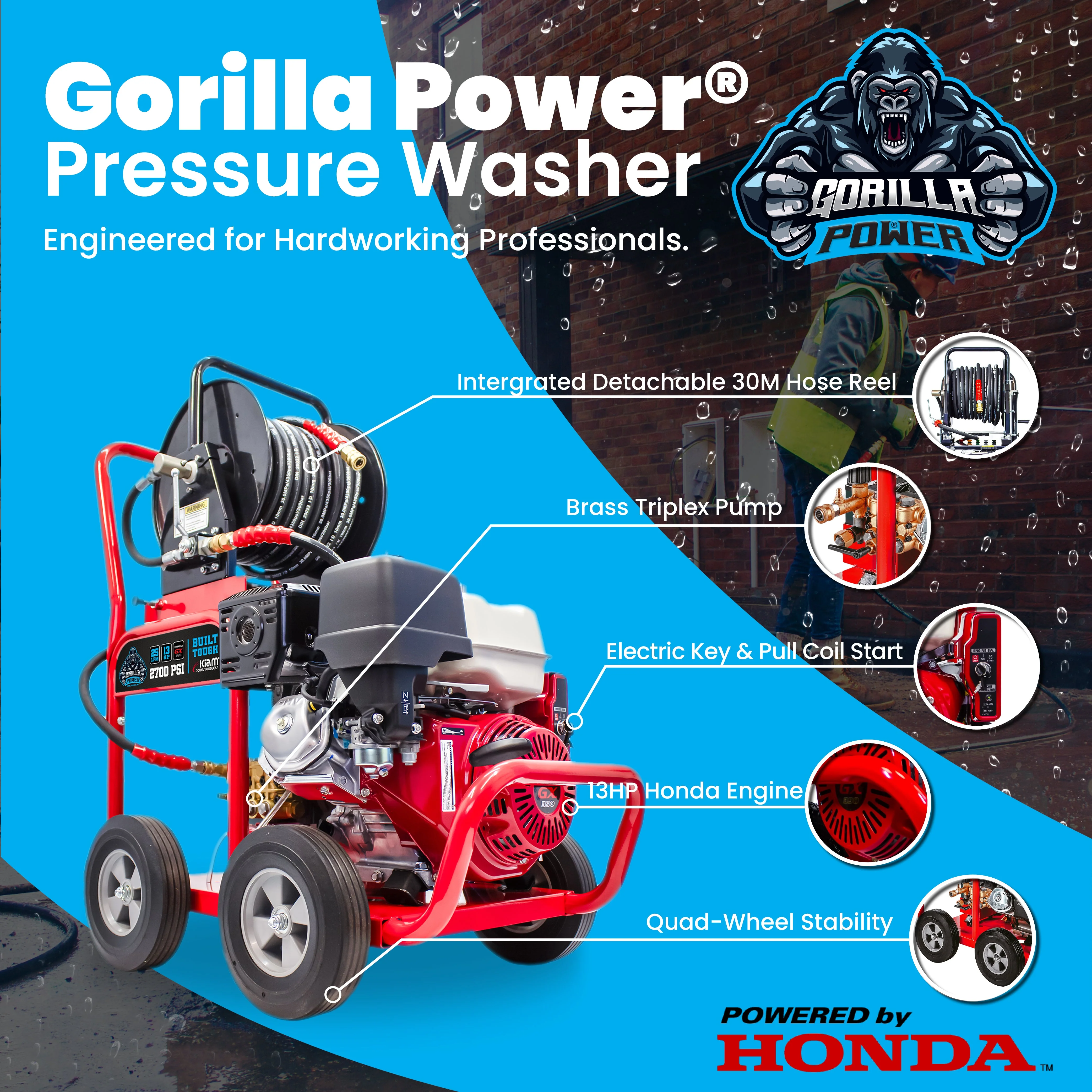 Kiam GORILLA POWER® 2700PSI 25LPM 13HP Petrol Pressure Washer Honda GX390 Engine - Image 2