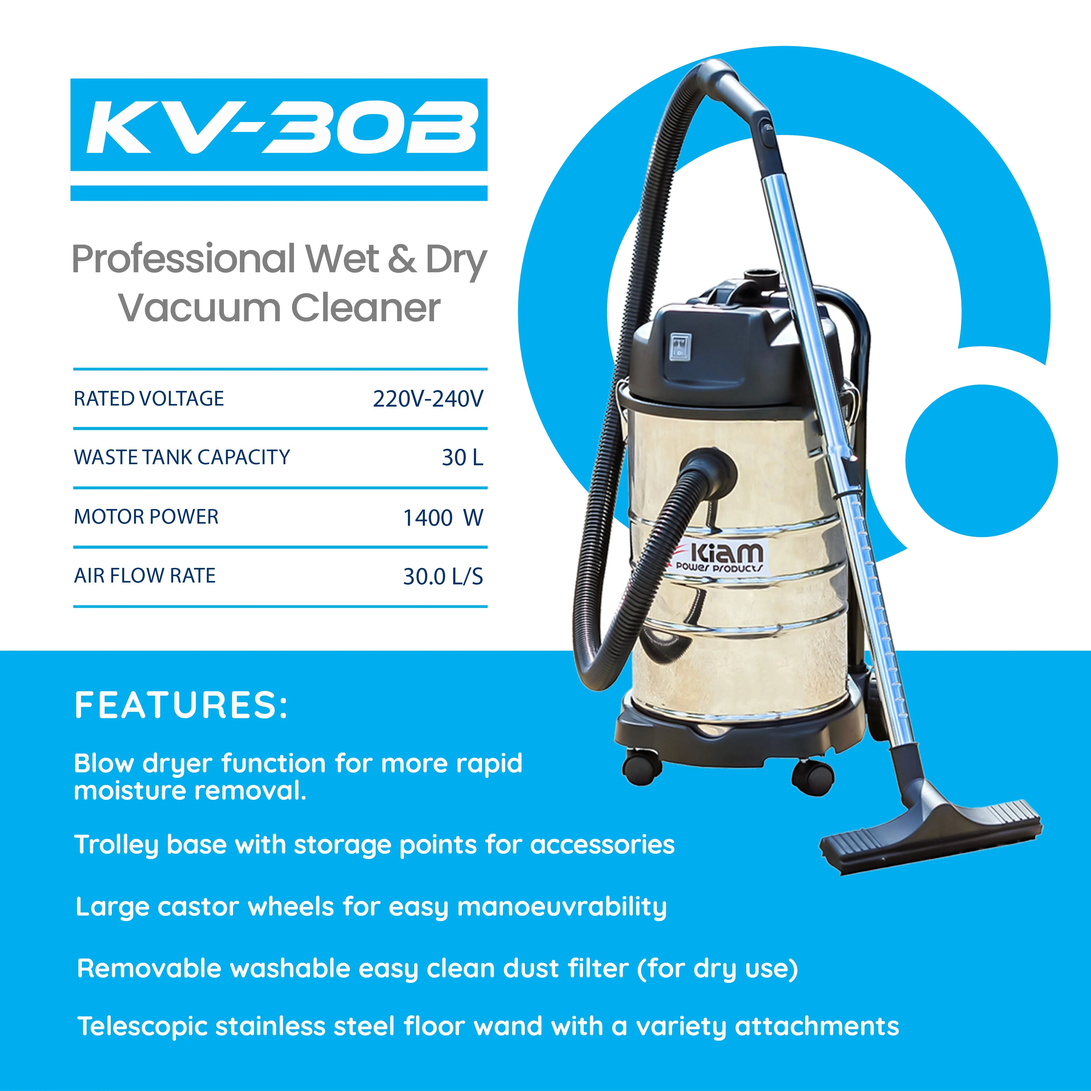 Kiam KV30B 1400W Professional Wet and Dry Vacuum Cleaner with Blower Function - Image 2